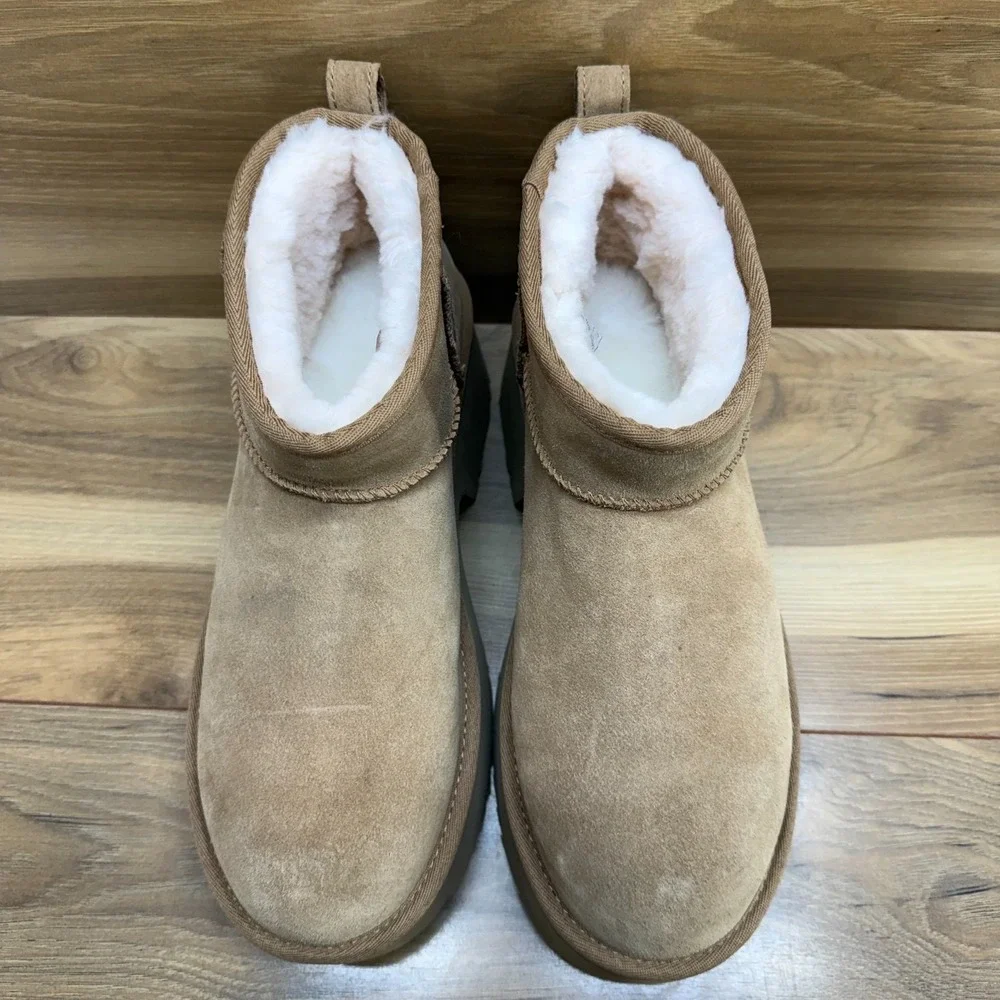 UGG New Height Ultra Mini Boots Womens 10 Platform Chunky‎ Chestnut Suede Fur